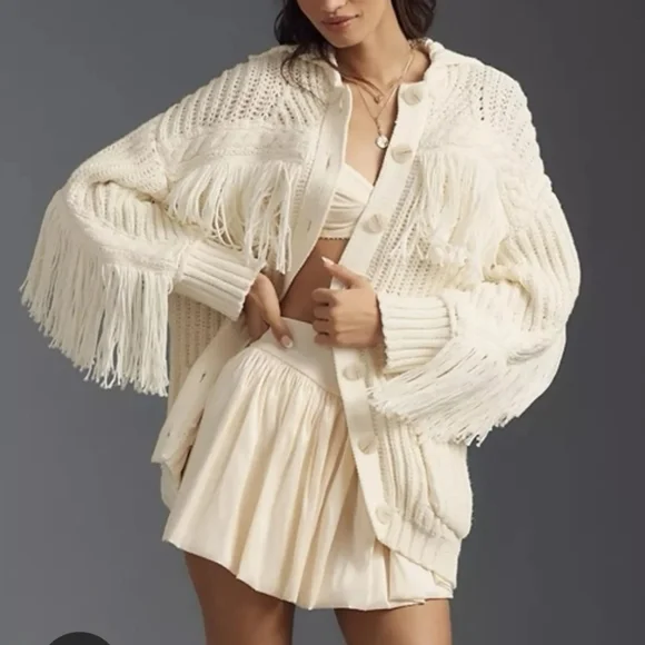 Anthropologie Maeve Fringed Cardigan. Avori - Picture 1 of 8